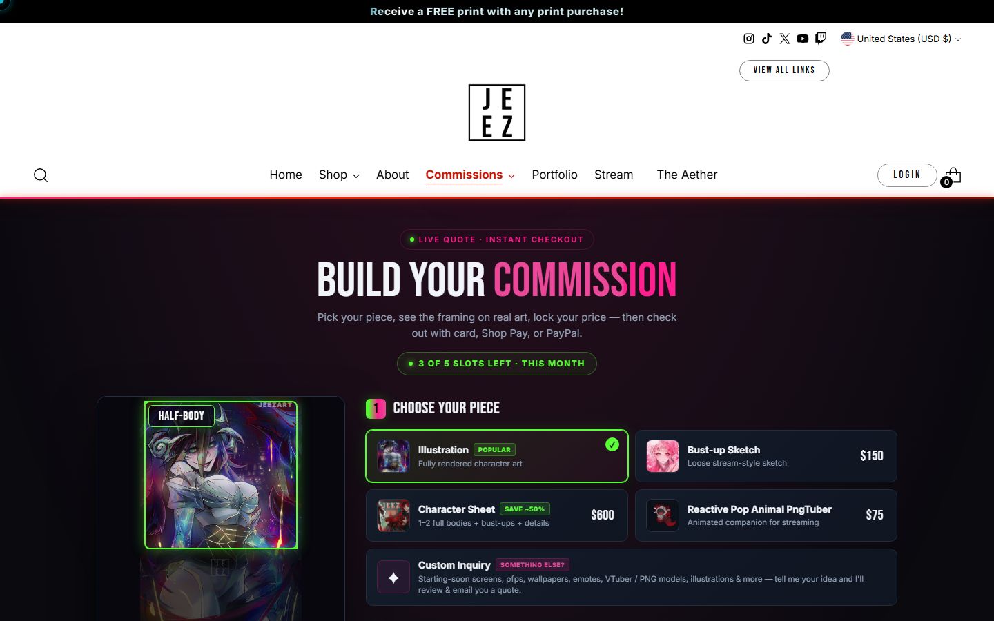 Interactive commission quote builder with live pricing